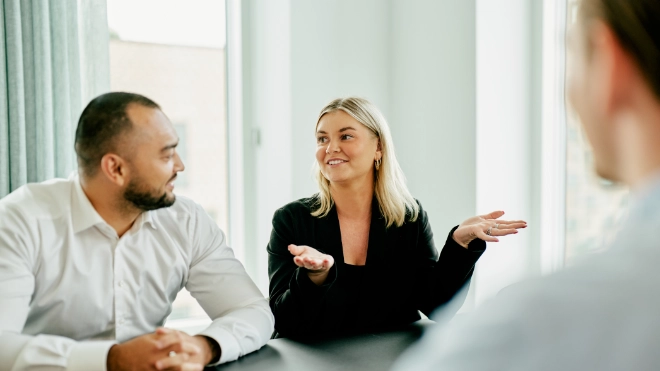 Woman Explaining something to two men in a meeting room